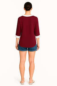 Oversized Top With White Tape Collared Details In Burgundy