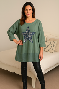 Oversized Long Sleeve Star Sequin Crew Neck Top in Green