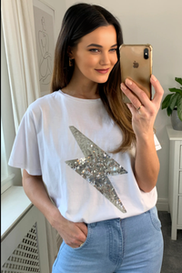 Oversized Sequin Relaxed T Shirt In White