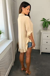Ruffle Detailed 3/4 Sleeves Tunic Shirt in Beige