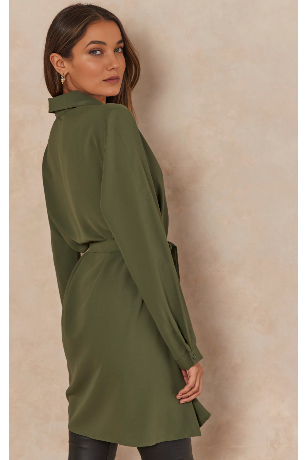 Oversized Tie Detailed Shirt Tunic with Long Sleeves in Khaki