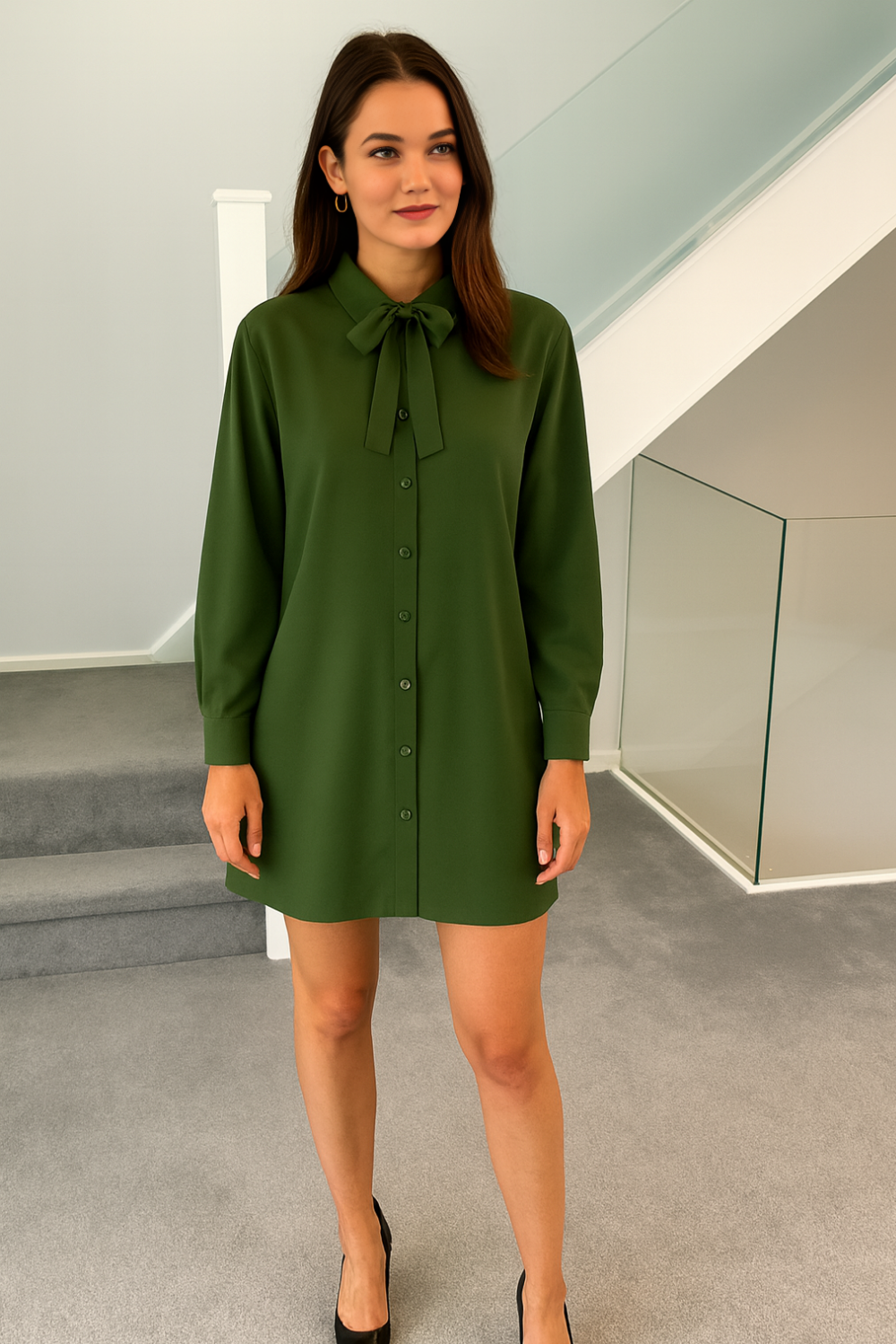 Oversized Belt Detailed Tunic Shirt Dress with Long Sleeves in Khaki