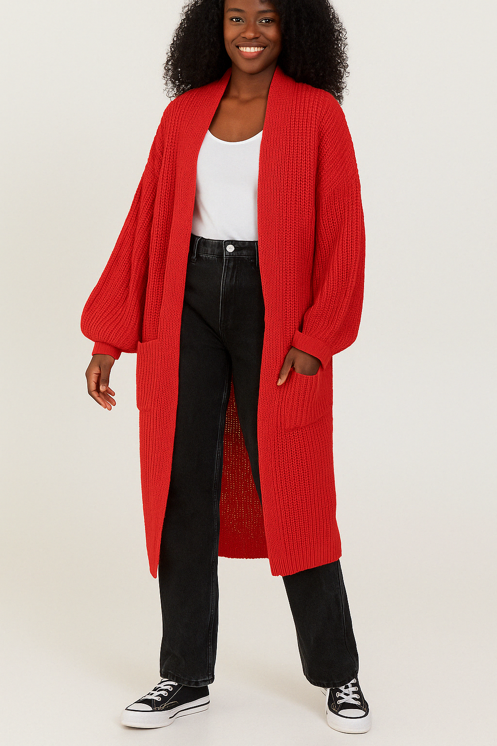 Oversized Long Sleeves Midi Knitted Cardigan with Pocket Details in Red