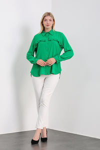 Oversized Frill Detailed Long Sleeves Blouse Shirt in Green