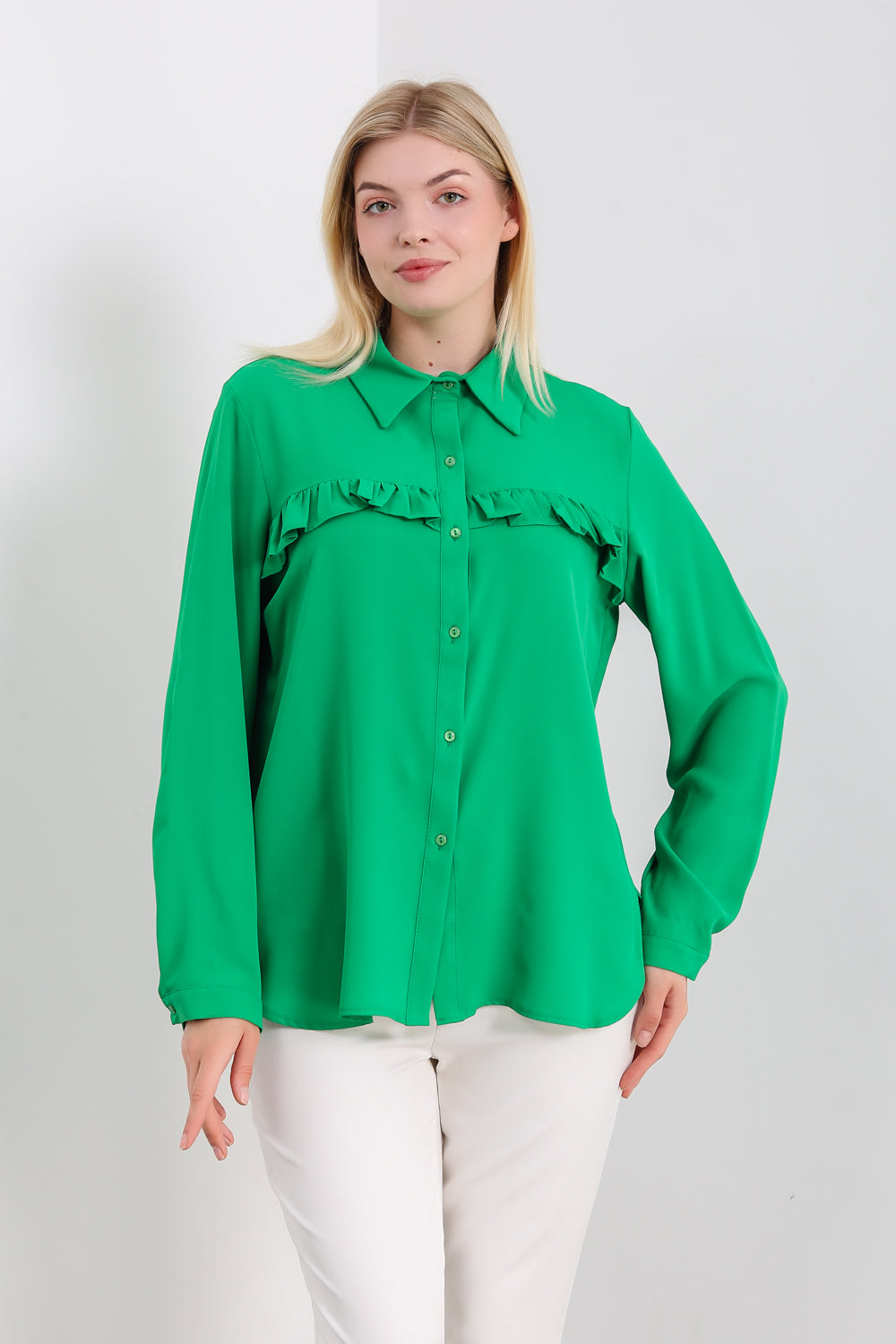 Oversized Frill Detailed Long Sleeves Blouse Shirt in Green
