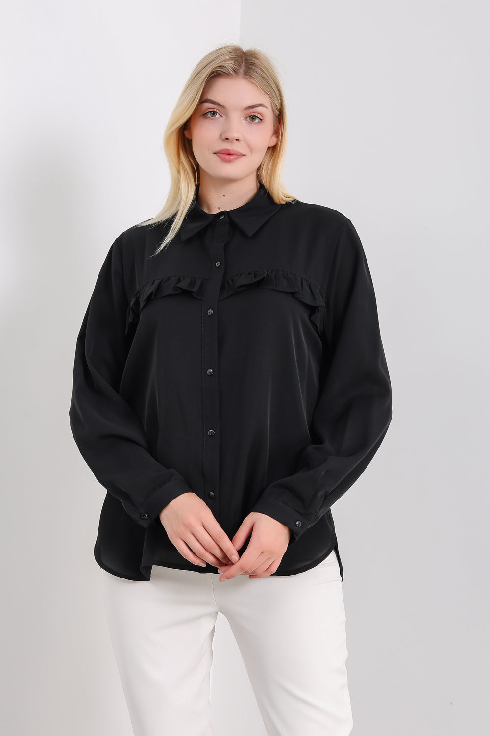 Oversized Frill Detailed Long Sleeves Blouse Shirt in Black