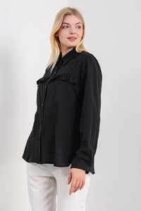 Oversized Frill Detailed Long Sleeves Blouse Shirt in Black