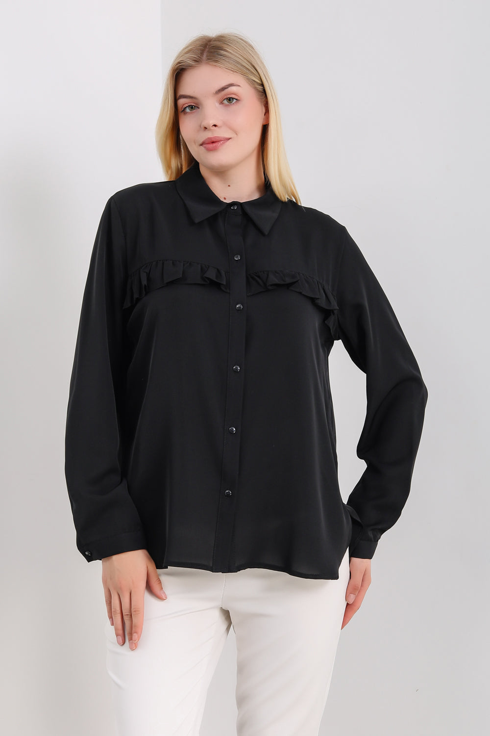 Oversized Frill Detailed Long Sleeves Blouse Shirt in Black
