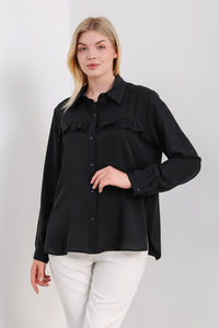 Oversized Long Sleeves Blouse with Brooch Details in Black