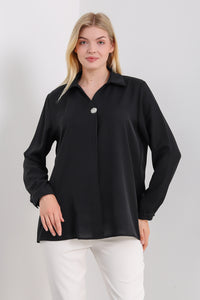 Oversized Long Sleeves Blouse with Brooch Details in Black