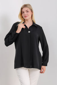 Oversized Long Sleeves Blouse with Brooch Details in Black