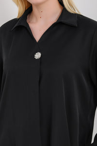 Oversized Long Sleeves Blouse with Brooch Details in Black