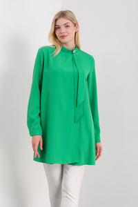 Oversized High Neck Tunic Top with Brooch Details in Green