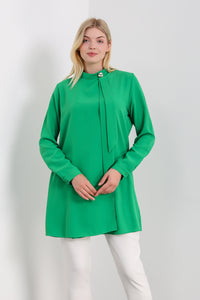 Oversized High Neck Tunic Top with Brooch Details in Green