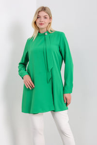 Oversized High Neck Tunic Top with Brooch Details in Green