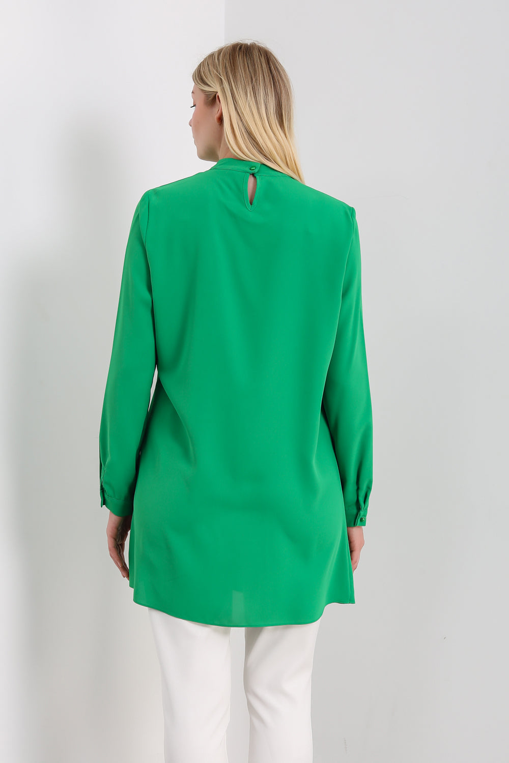 Oversized High Neck Tunic Top with Brooch Details in Green