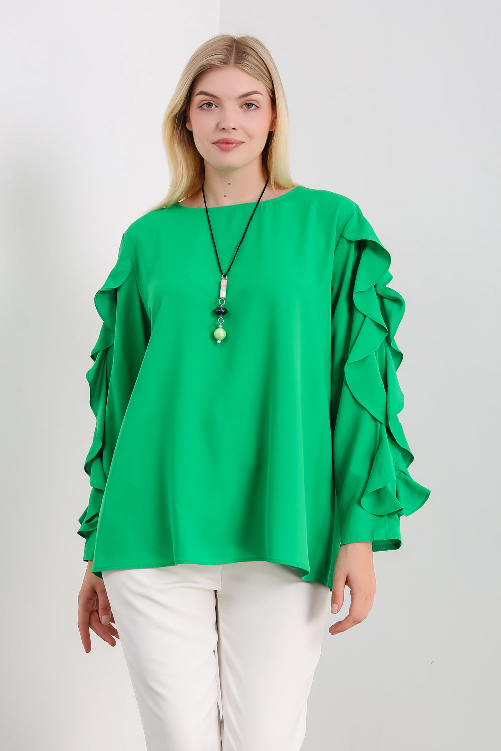 Oversized Ruffle Sleeve Relaxed Fit Top In Green