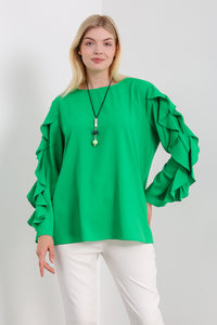 Oversized Ruffle Sleeve Relaxed Fit Top In Green