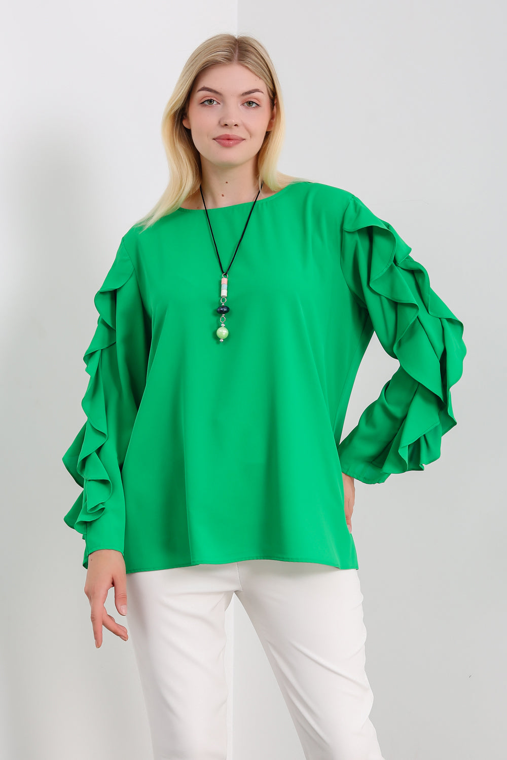 Oversized Ruffle Sleeve Relaxed Fit Top In Green
