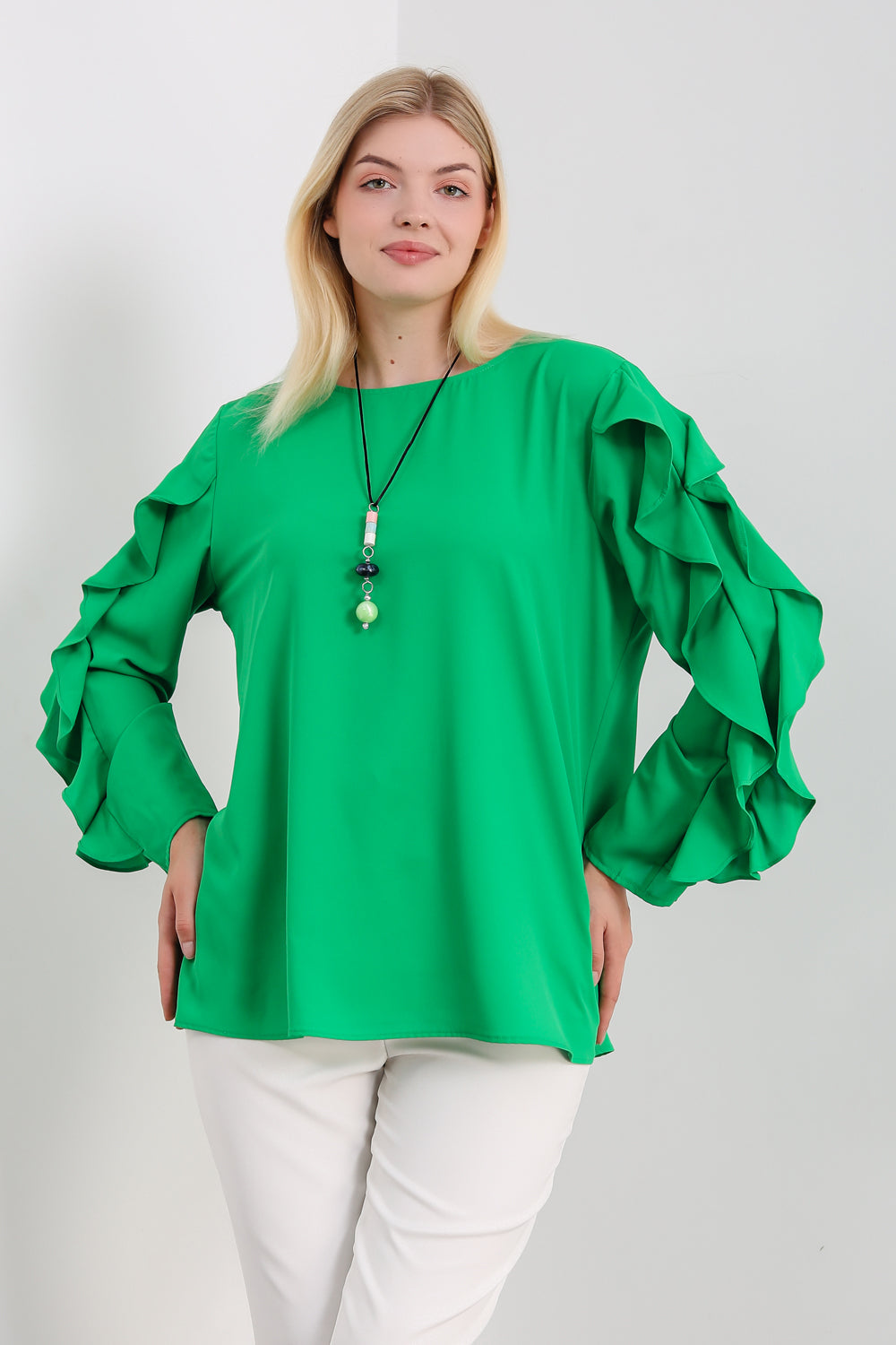 Oversized Ruffle Sleeve Relaxed Fit Top In Green