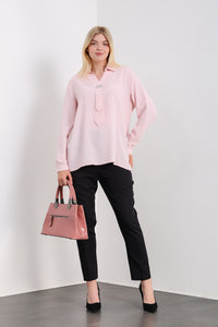 Oversized Long Sleeves Shirt Collar Blouse Top with Brooch Detail in Pink