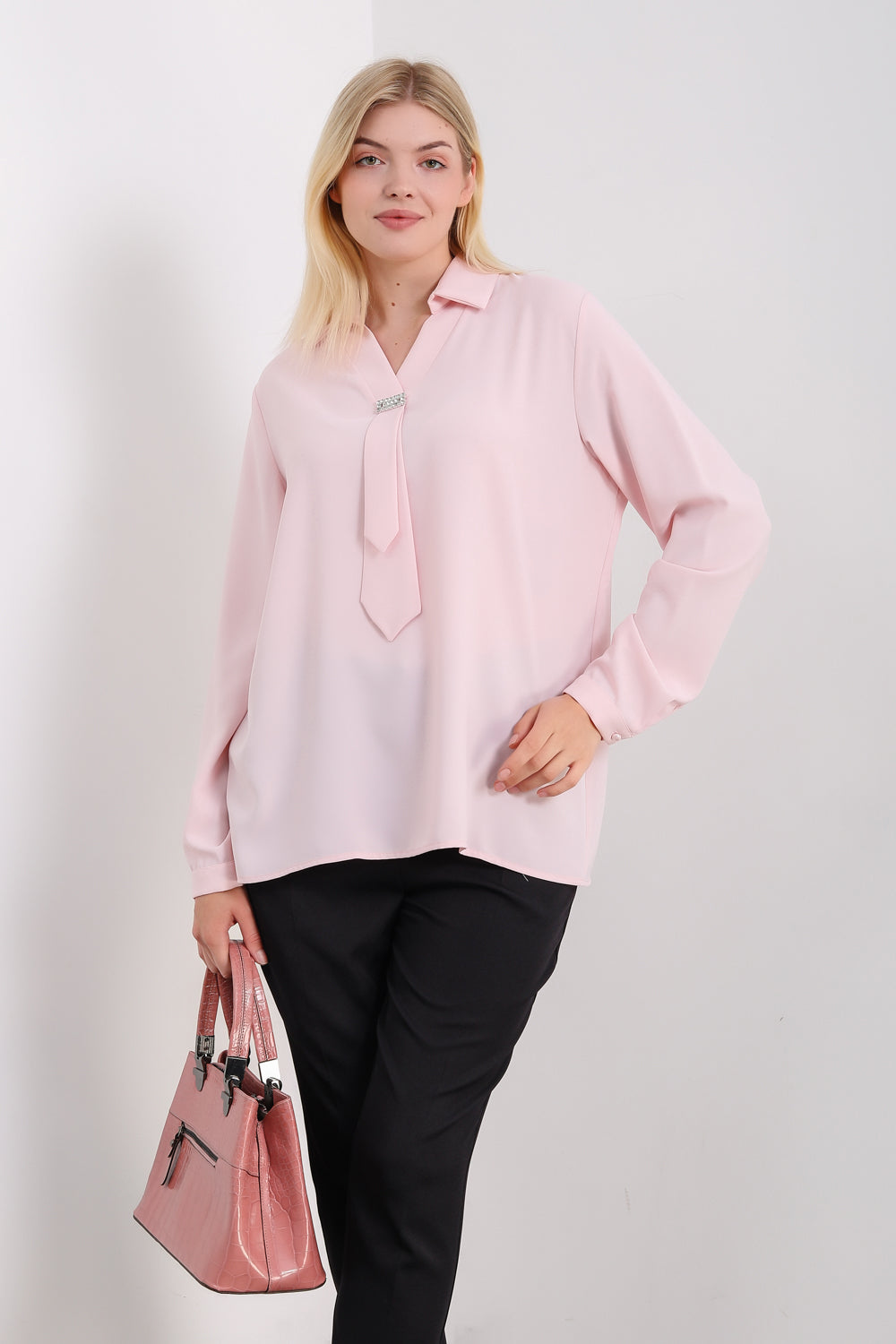 Oversized Long Sleeves Shirt Collar Blouse Top with Brooch Detail in Pink