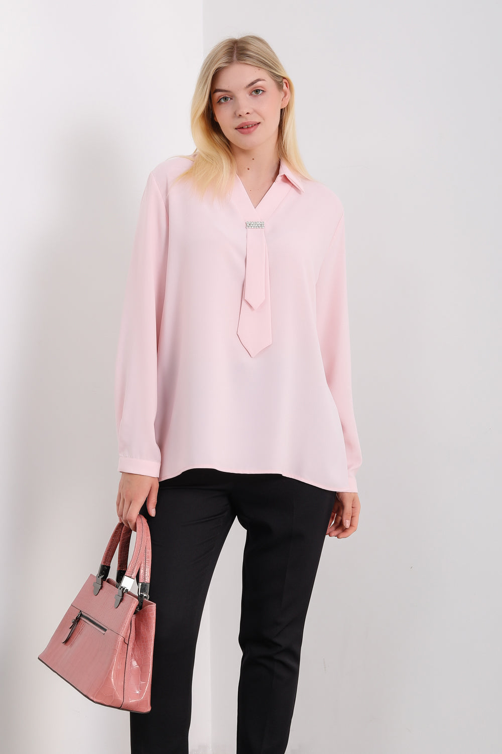 Oversized Long Sleeves Shirt Collar Blouse Top with Brooch Detail in Pink