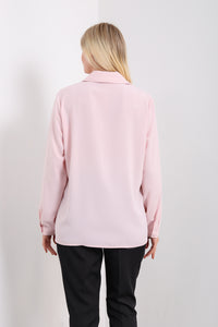 Oversized Long Sleeves Shirt Collar Blouse Top with Brooch Detail in Pink