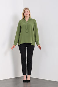 Oversized Long Sleeves Shirt Collar Blouse Top with Brooch Detail in Khaki