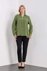 Oversized Long Sleeves Shirt Collar Blouse Top with Brooch Detail in Khaki