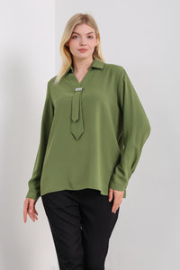Oversized Long Sleeves Shirt Collar Blouse Top with Brooch Detail in Khaki