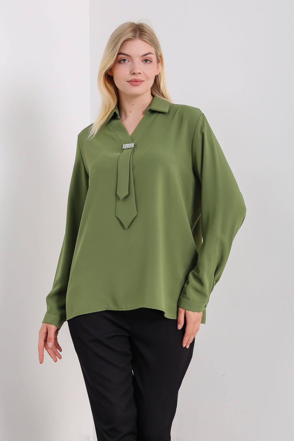 Oversized Long Sleeves Shirt Collar Blouse Top with Brooch Detail in Khaki