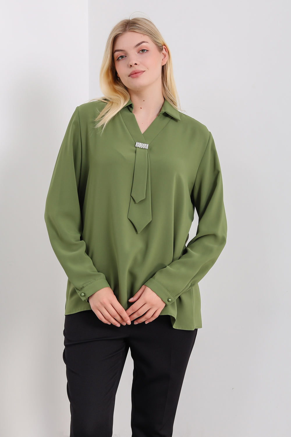 Oversized Long Sleeves Shirt Collar Blouse Top with Brooch Detail in Khaki