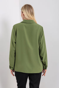 Oversized Long Sleeves Shirt Collar Blouse Top with Brooch Detail in Khaki