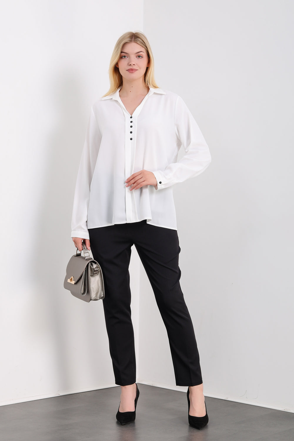 Oversized Long Sleeves Blouse Shirt with Button Details in White