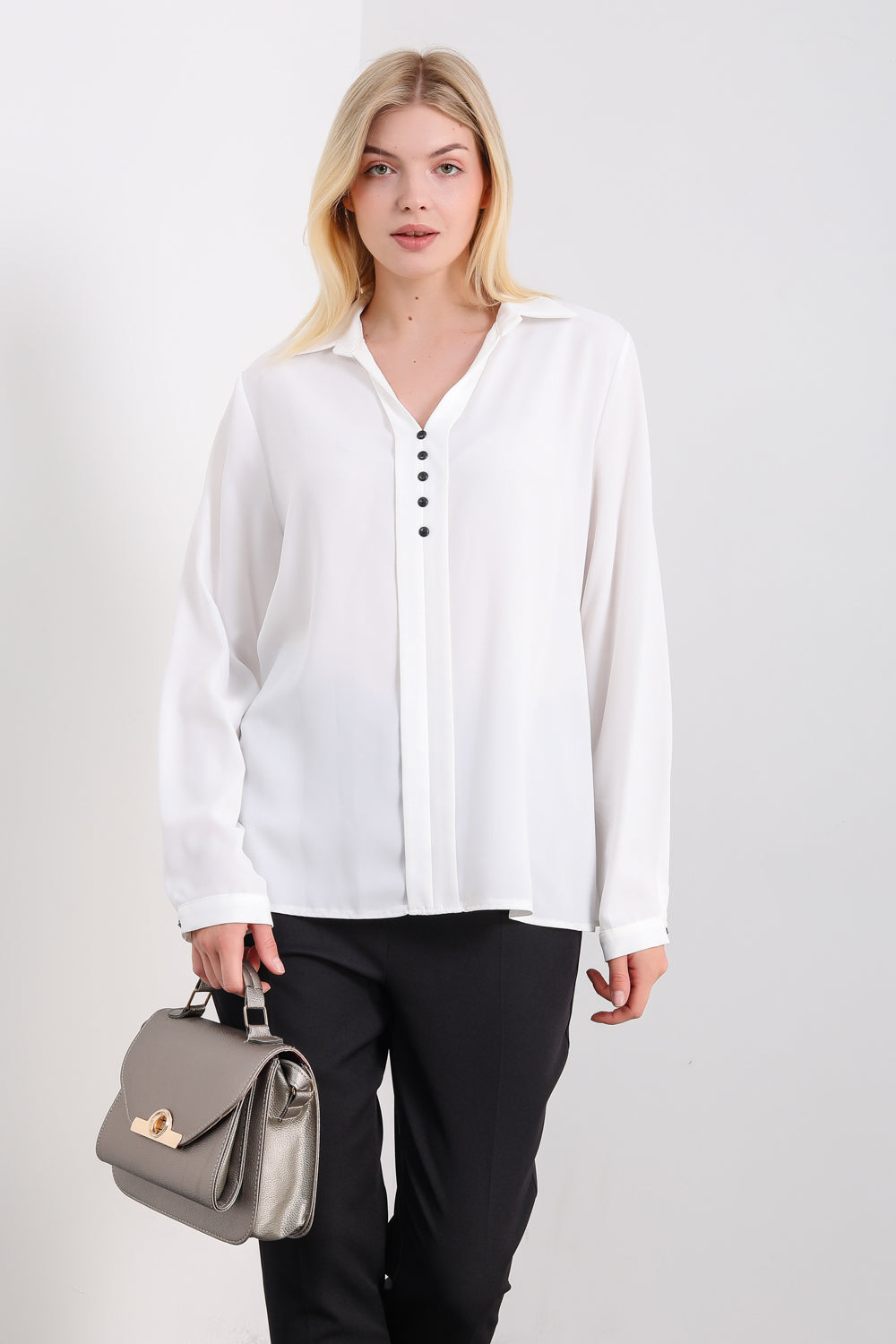 Oversized Long Sleeves Blouse Shirt with Button Details in White