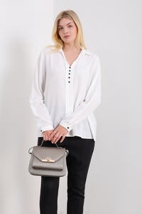 Oversized Long Sleeves Blouse Shirt with Button Details in White
