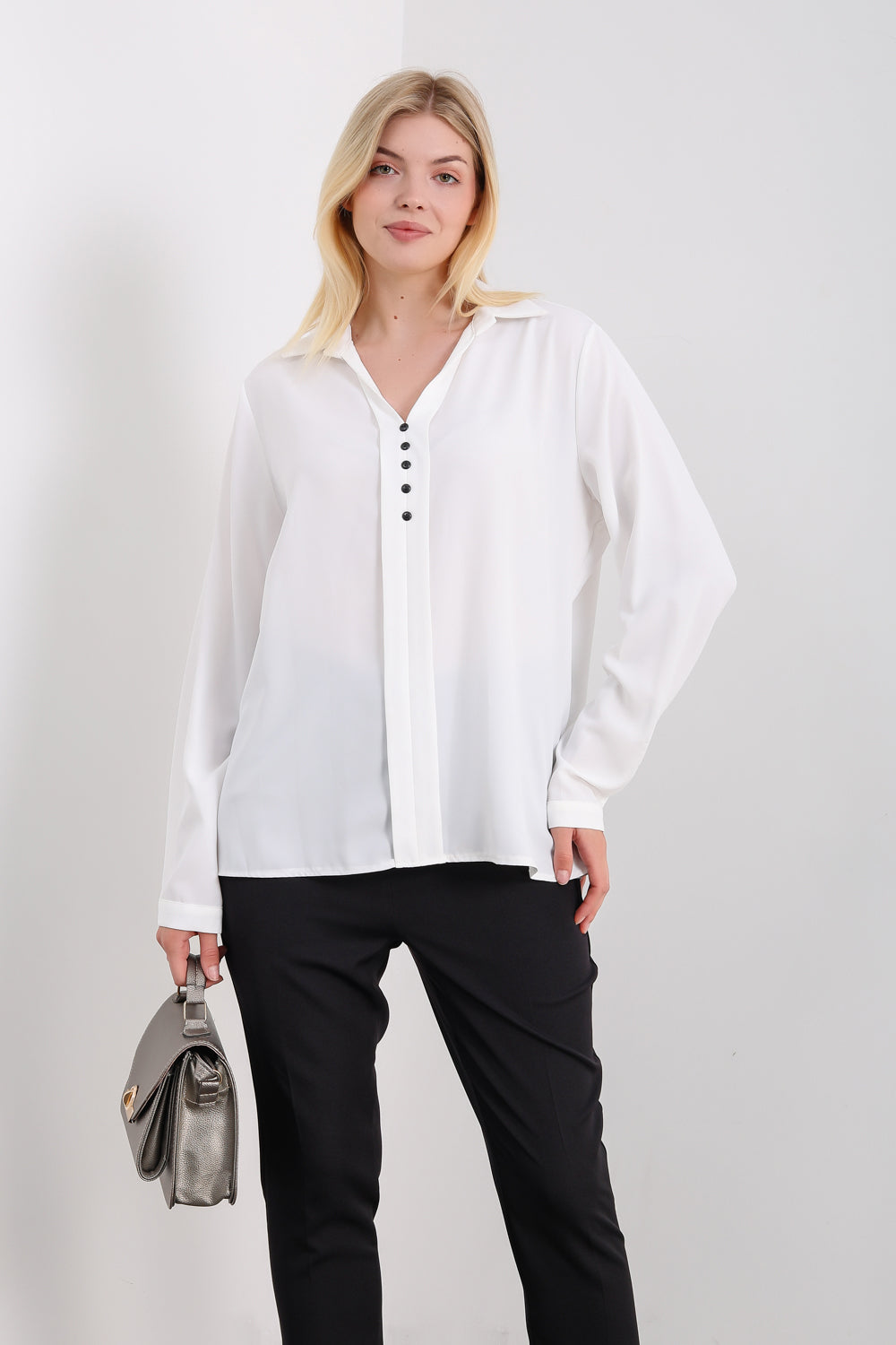 Oversized Long Sleeves Blouse Shirt with Button Details in White