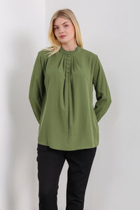 Oversized Ruffle Neck Top with Long Sleeves in Khaki
