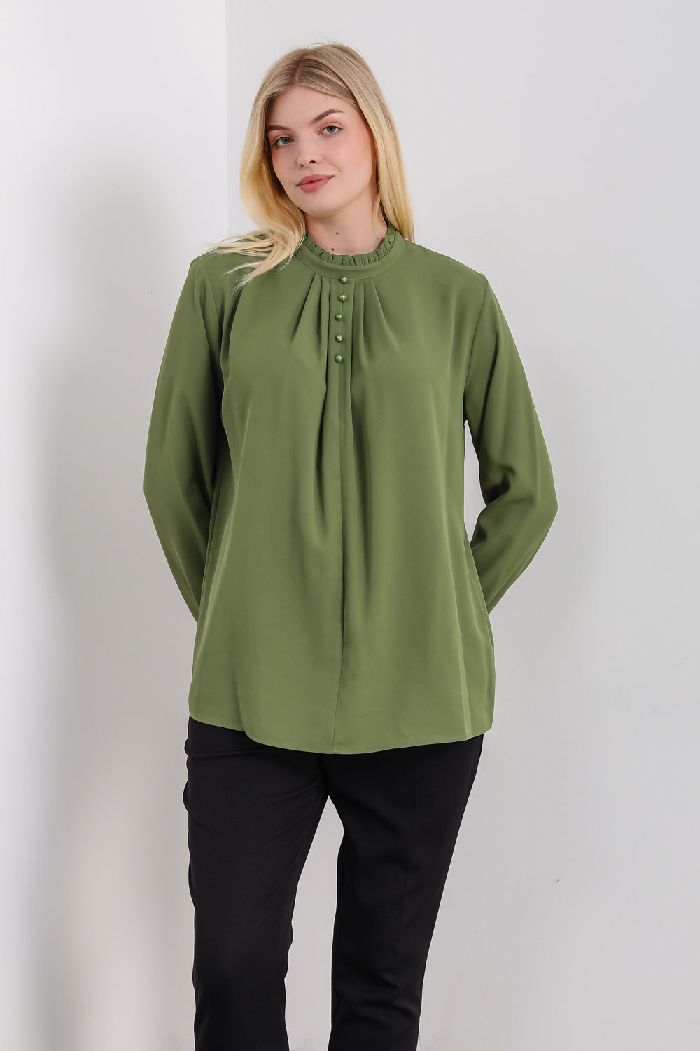 Oversized Ruffle Neck Top with Long Sleeves in Khaki