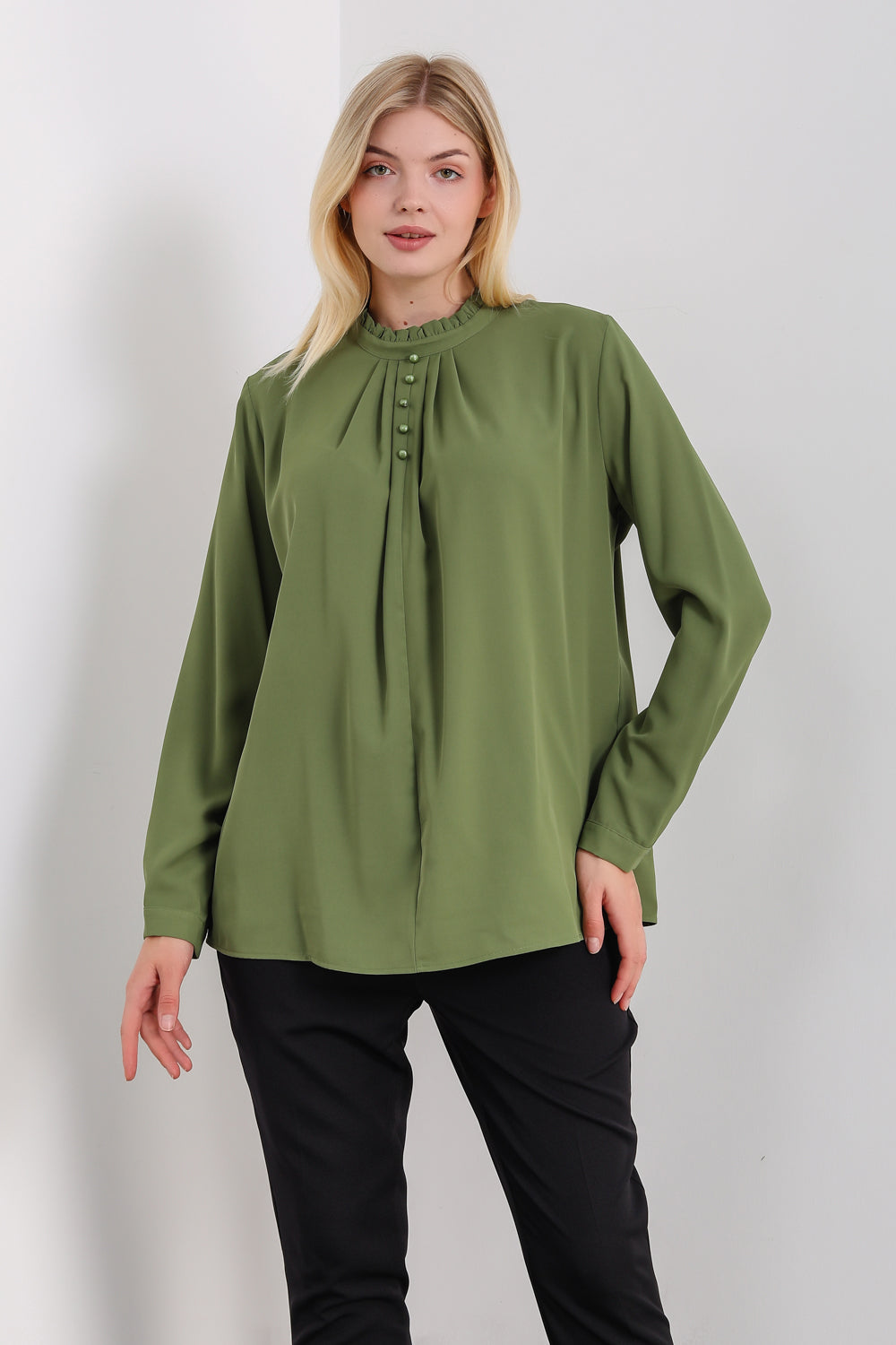 Oversized Ruffle Neck Top with Long Sleeves in Khaki