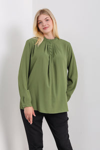 Oversized Ruffle Neck Top with Long Sleeves in Khaki