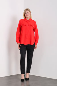 Oversized Frill Detailed Long Sleeves Blouse Shirt in Red