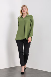 Oversized Long Sleeves Blouse with Brooch Details in Khaki