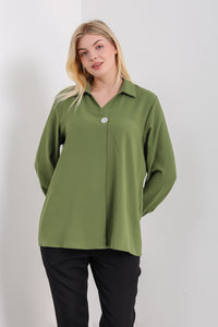 Oversized Long Sleeves Blouse with Brooch Details in Khaki