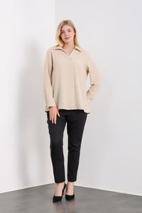 Oversized Long Sleeves Blouse with Brooch Details in Beige