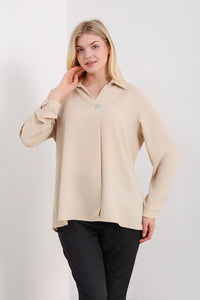 Oversized Long Sleeves Blouse with Brooch Details in Beige