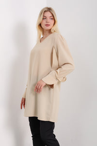 Oversized Detailed Sleeves V Neck Tunic in Beige