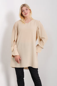 Oversized Detailed Sleeves V Neck Tunic in Beige