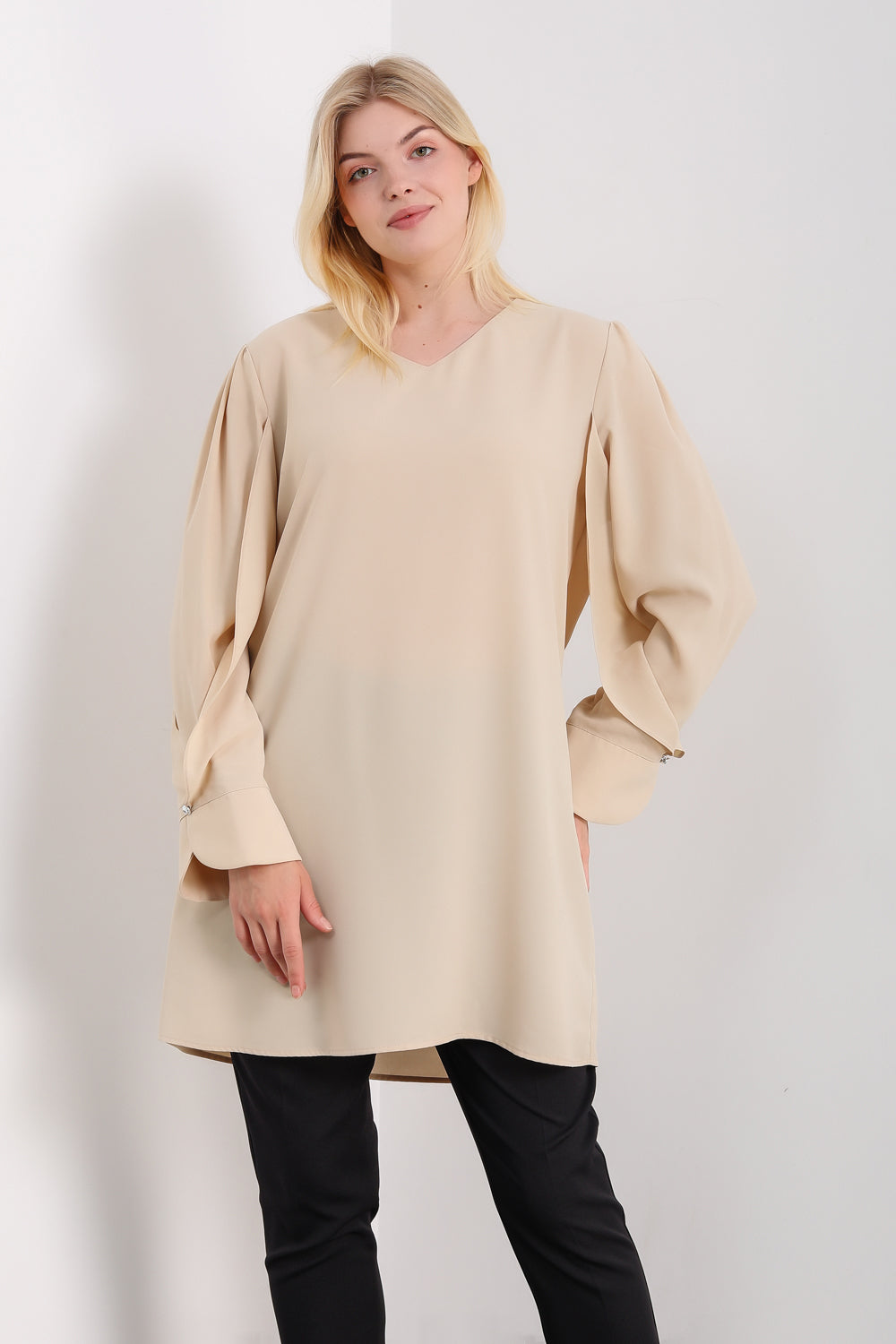 Oversized Detailed Sleeves V Neck Tunic in Beige